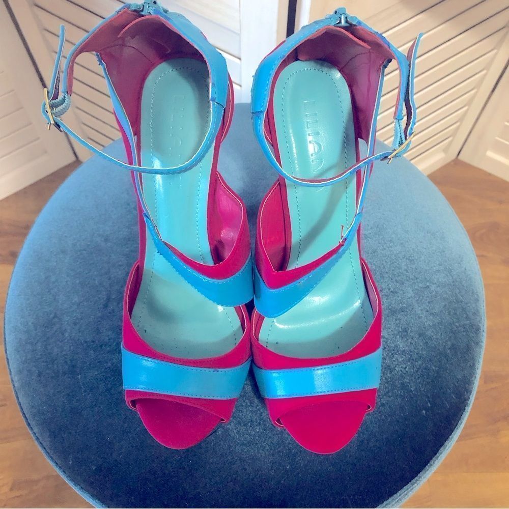 NWOT Liliana vegan leather teal blue and hot pink 6” heel platform sandals sz 9 - Picture 5 of 10